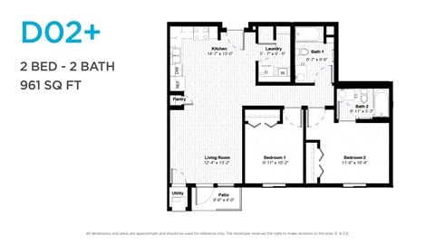 Floor plan for 2 beds, 2 baths, 908 sqft